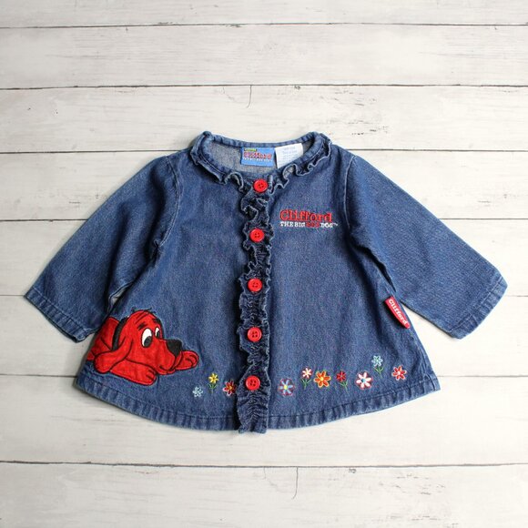Clifford Vintage Denim Jean Jacket Top Baby Girl's Size 12 Months Big Red Dog - Picture 6 of 6